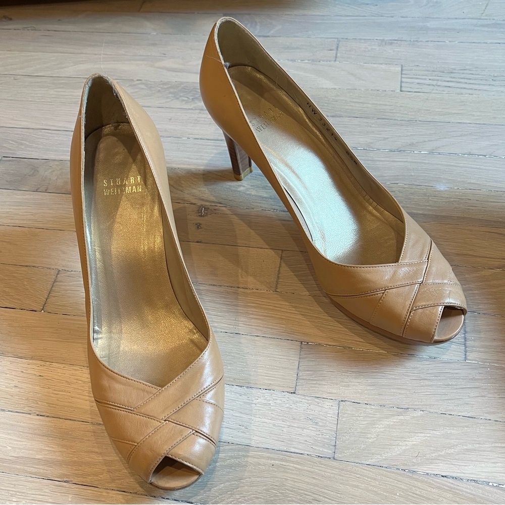 Stuart Weitzman Almond Butter Criss-Jones Leather Peep Toe Platform Heels